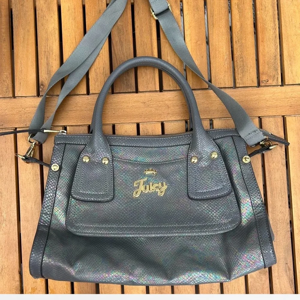 Juicy Couture Metallic Gray Snakeskin Pattern Handbag with Strap